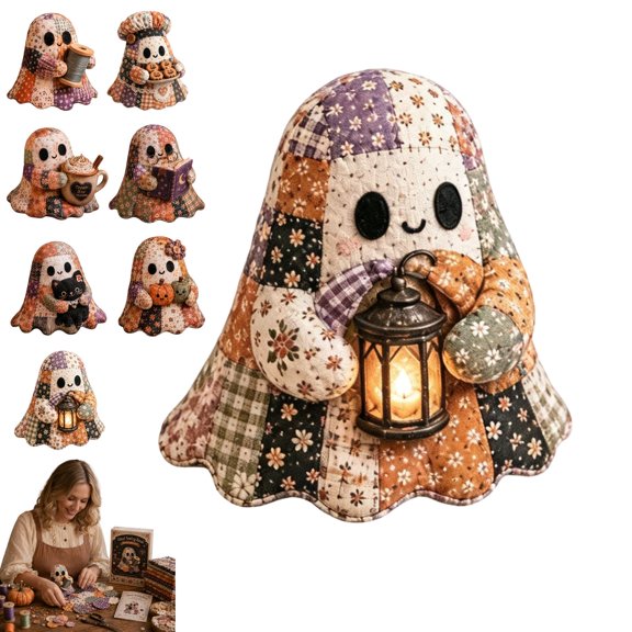 Cute Ghost Plush DIY Patchwork Kit, Little Ghost's Cozy Halloween Sewing Craft Set, 7 Styles Doll Making with Pre-Cut Fabric for Halloween Decor Craft Lovers Gift