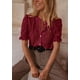 thumbnail image 5 of Blusa PRETTYGARDEN de encaje de manga corta para mujer, color rojo vino, 5 of 6