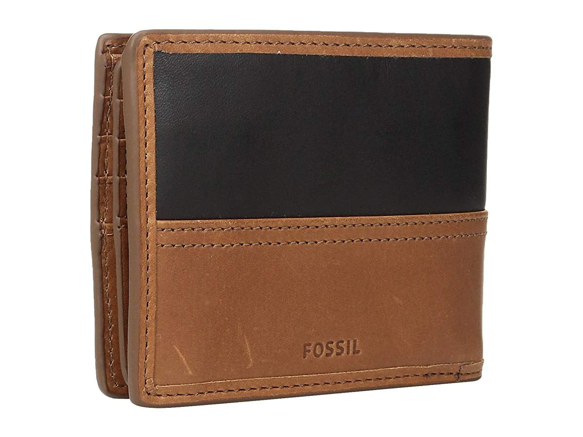 FOSSIL Quinn black X blue leather big coin purse wallet men