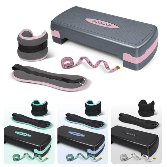SAKAE Pink Exercise Step Platform Set with Ankle Weights & Measuring Tape, Adjustable Height 2 Level Risers Workout Step Trainer, Aerobic Steppers for Home Gym Exercise Fitness Workout
