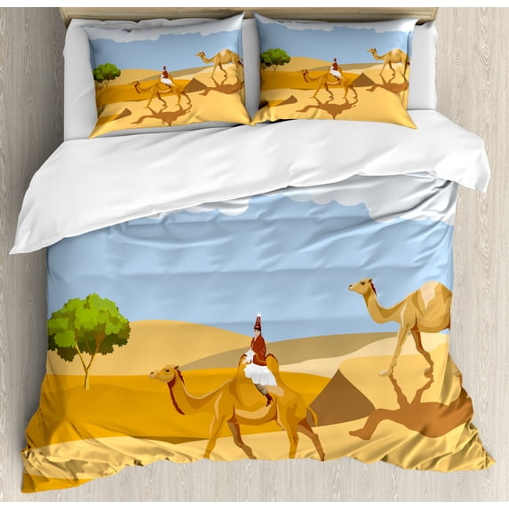 Oasis Duvet Cover Set King Size, Woman in Traditional Clothes Riding a Camel in the Desert Traits Activities, Decorative 3 Piece Bedding Set with 2 Pillow Shams, Multicolor, by Ambesonne