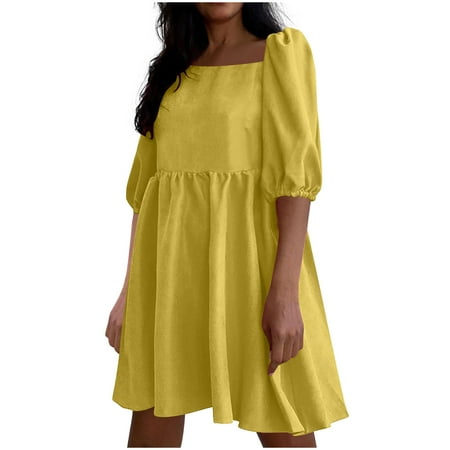 Usdian Graduation Dress Square-neck Short Sleeve Lightweight Fit and Flare Dresses Slim Fit Fit and Flare Dresses Soft Solid for Beach Yellow XL Summer Clearance Sale
