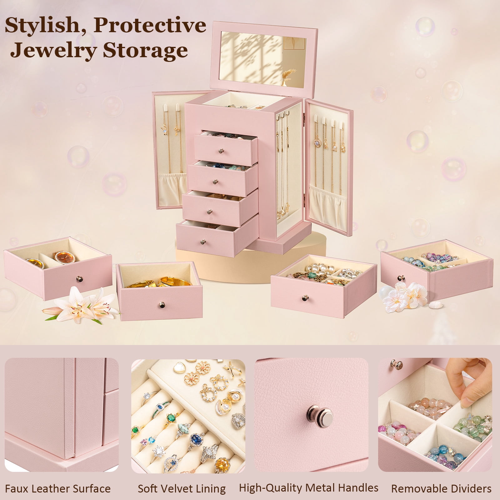 Leather Jewelry Box for Women, 5 Layer Large  Jewelry Organizers Box for Necklaces Earrings Rings Bracelets, Organizer with Drawers and Mirror, Pink