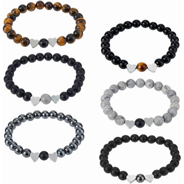 Juego de 3 pulseras de piedra natural con cuentas de corazón y 6 unidades, pulseras elásticas con cuentas redondas de vidrio y ojo de tigre, pulseras de amistad para parejas.