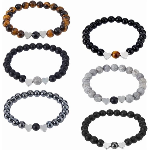 3 Sets 6Pcs Heart Beaded Natural Stone Bracelets Glass Round Beaded Stretch Bracelet Sets Charm Tiger Eye Elastic Bracelet Friendship Couples Bracelets