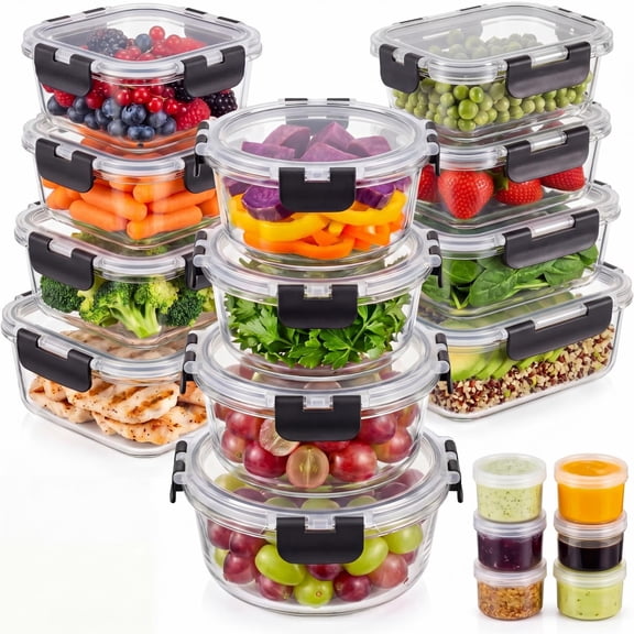 36 Pack Glass Food Storage Containers with Lids, Airtight Bento Boxes Meal Prep Containers (18 Containers & 18 Lids), Black
