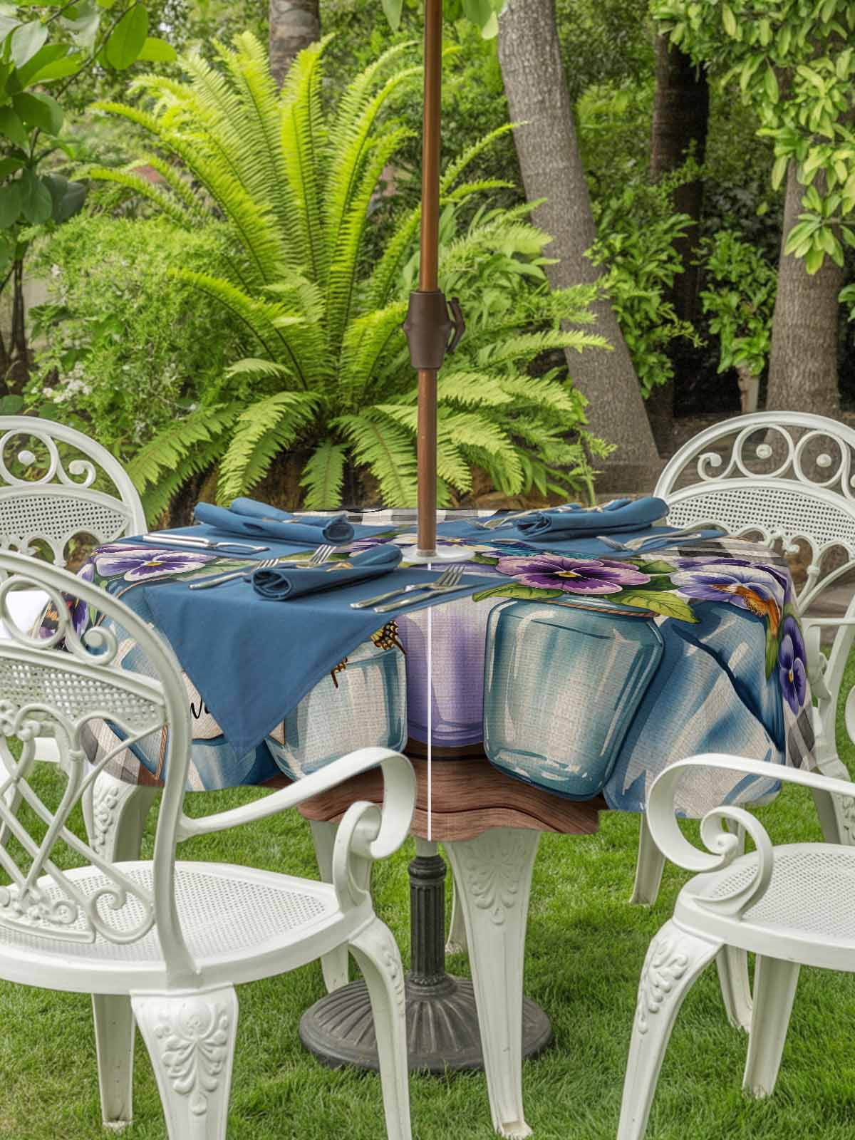 Hello Spring Outdoor Tablecloth - 54 Inch Round Dining Table Cover, Pastoral Purple Bottle Floral Black White Plaid Waterproof Outdoor Table Cloth with Umbrella Hole & Zipper for Picnic/Patio/Party