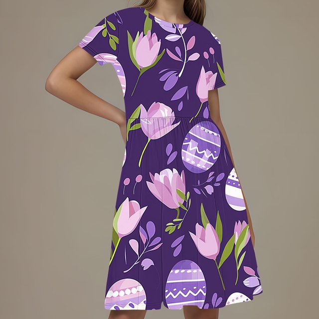 LOVZFMLL Robe à Manches Courtes Imprimée Mode Enfant 3-12 Ans Col Rond