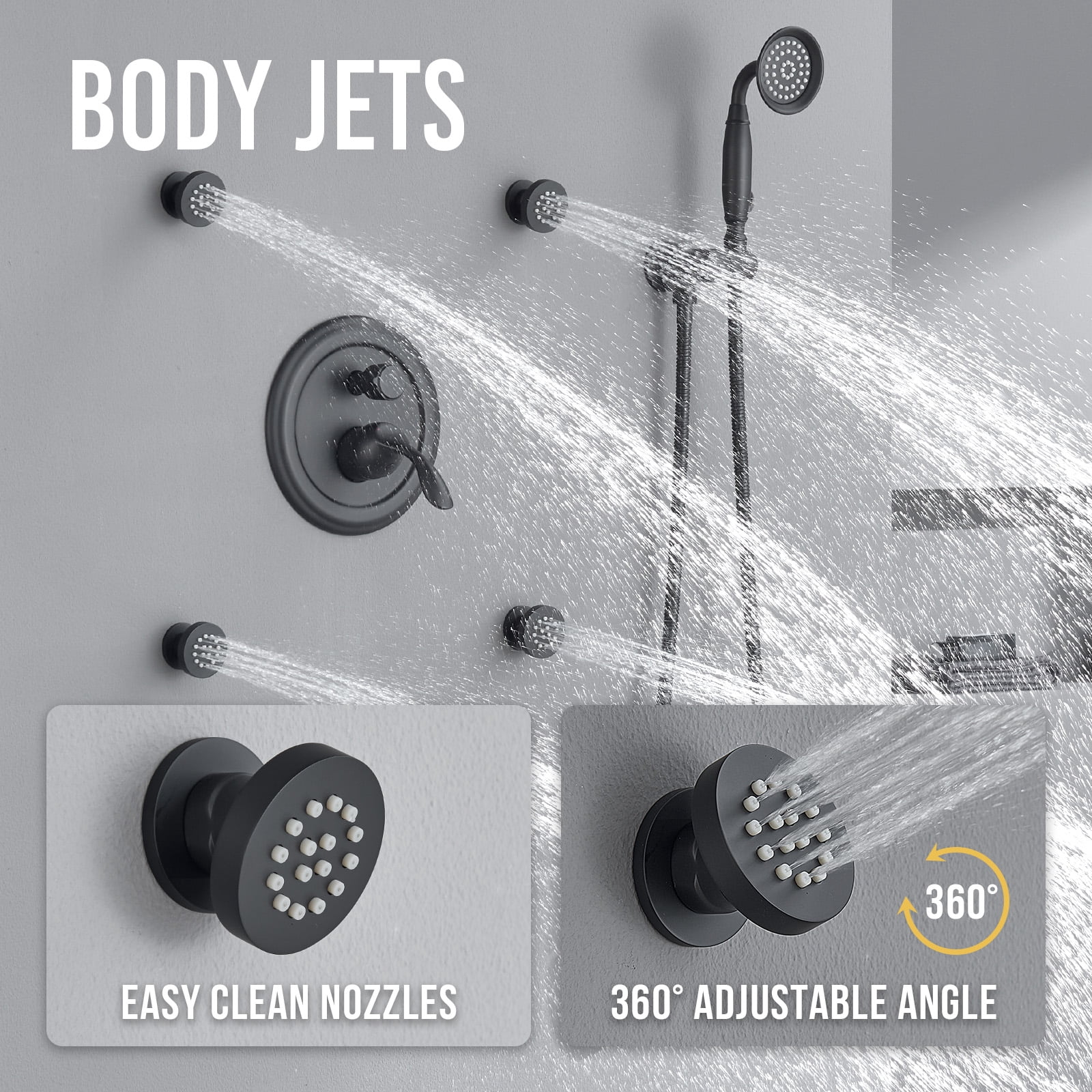 Antique Shower Faucet-Sets Fixtures: 9 inch Wall Rain Head with Handheld Spray and Body Jets, 3 Way Diverter Brass Rough in Valve System Included Trim Kit, Matte Black