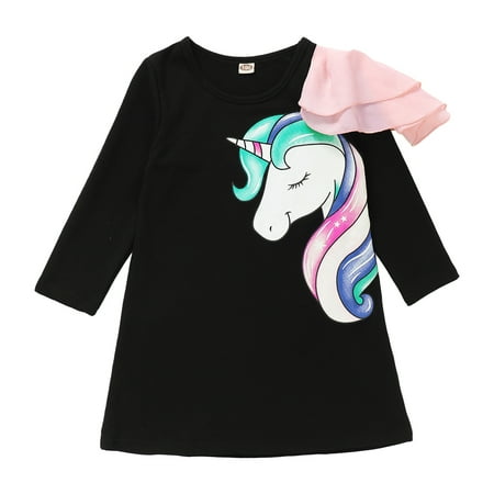 

OLLUISNEO 4-5 Years Toddler Baby Girls Dress Unicorn Print Long Sleeve Dress Black