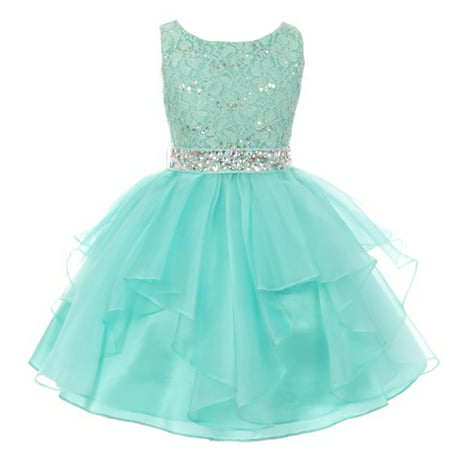 Girls Mint Stretch Lace Crystal Tulle Ruffle Junior Bridesmaid