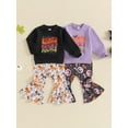 thumbnail image 3 of Elippeo Toddler Girls Halloween Outfits 6 12 18 24 Months 3 4 5 Years Letter Print Long Sleeve Sweatshirt and Pumpkin Print Flare Pants Set 2 Piece Clothes, 3 of 9