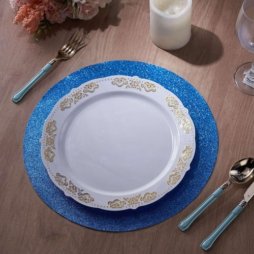 6 Pack Glitter Placemat Non Slip Table Placemats Round Faux Leather With Royal Blue Com 6 Pack Glitter Placemat Non Slip Table, Silver Glitter Placemats Round