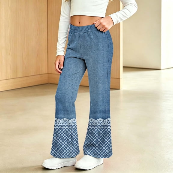 Angala Toddler Girls Denim Pants Graphic Flared Leg Jeans With Lace Trim Fall Casual Girls Trousers Size 2-3 Years
