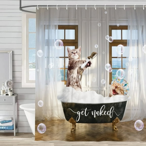 Bevtee Funny Cat Shower Curtain, Waterproof Fabric Cat Take Shower Bathroom Curtains Decor