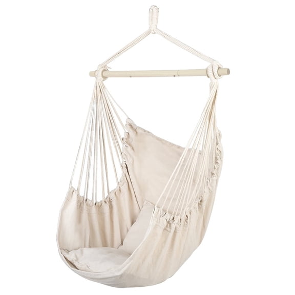 Distinctive Cotton Canvas Hanging Rope Chair with Pillows, Beige