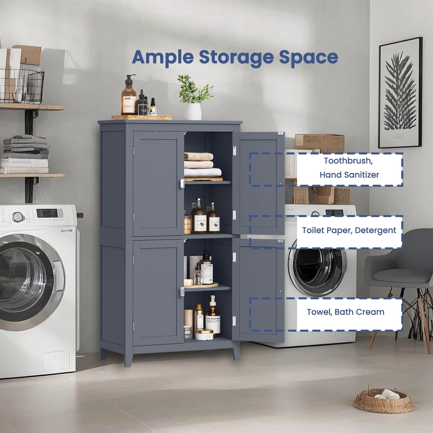 LEDREM Bathroom Storage Floor Cabinet Organizer with 4 Doors & Adjustable Shelves, 43" Wooden Pantry Cabinet Freestanding for Kitchen Living Room Small Spaces, Slate Gray