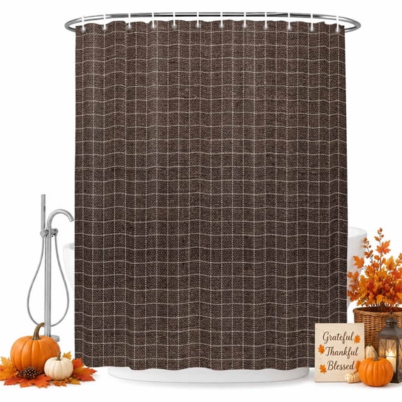 Brown Buffalo Plaid Shower Curtain Set - Small 36" x 72" Washable Bathtub Curtain with 12 Hooks, Vintage Farmhouse Checkered Waterproof Fabric Stall Shower Curtains for Bathroom/Bathtub Décor
