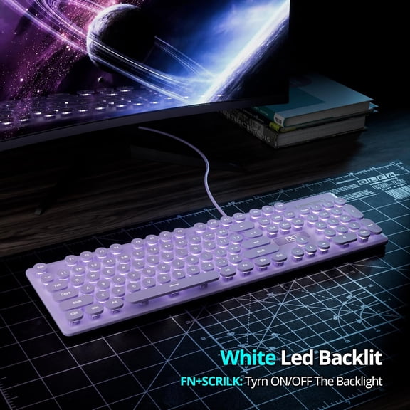 TG4THT-Purple Quiet Keyboard Wired Retro Typewriter, Full Size Soft Keyboards with Number Pad, Round Keys, Backlit USB for Office, Desktop, Laptop(Purple)