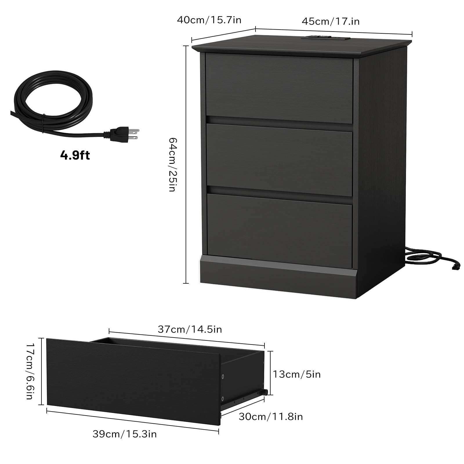 3 Drawers Nightstand Set of 2 with Charging Station, Bedside Table End Table for Bedroom Living Room, Black