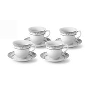 Elegant Durable and Colorful Porcelain Tea-Coffee Cups and Saucers Set - Silver Floral, 8 oz. Set of 4