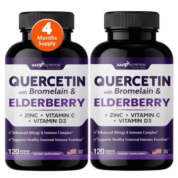 Quercetin with Vitamin C and Zinc - Elderberry - Quercetin 500mg - Quercetin with Bromelain - Zinc Quercetin - Vitamin D3 - 6 in 1 Daily Immune Support, Non-GMO, Gluten-Free - USA - 4 Months Supply