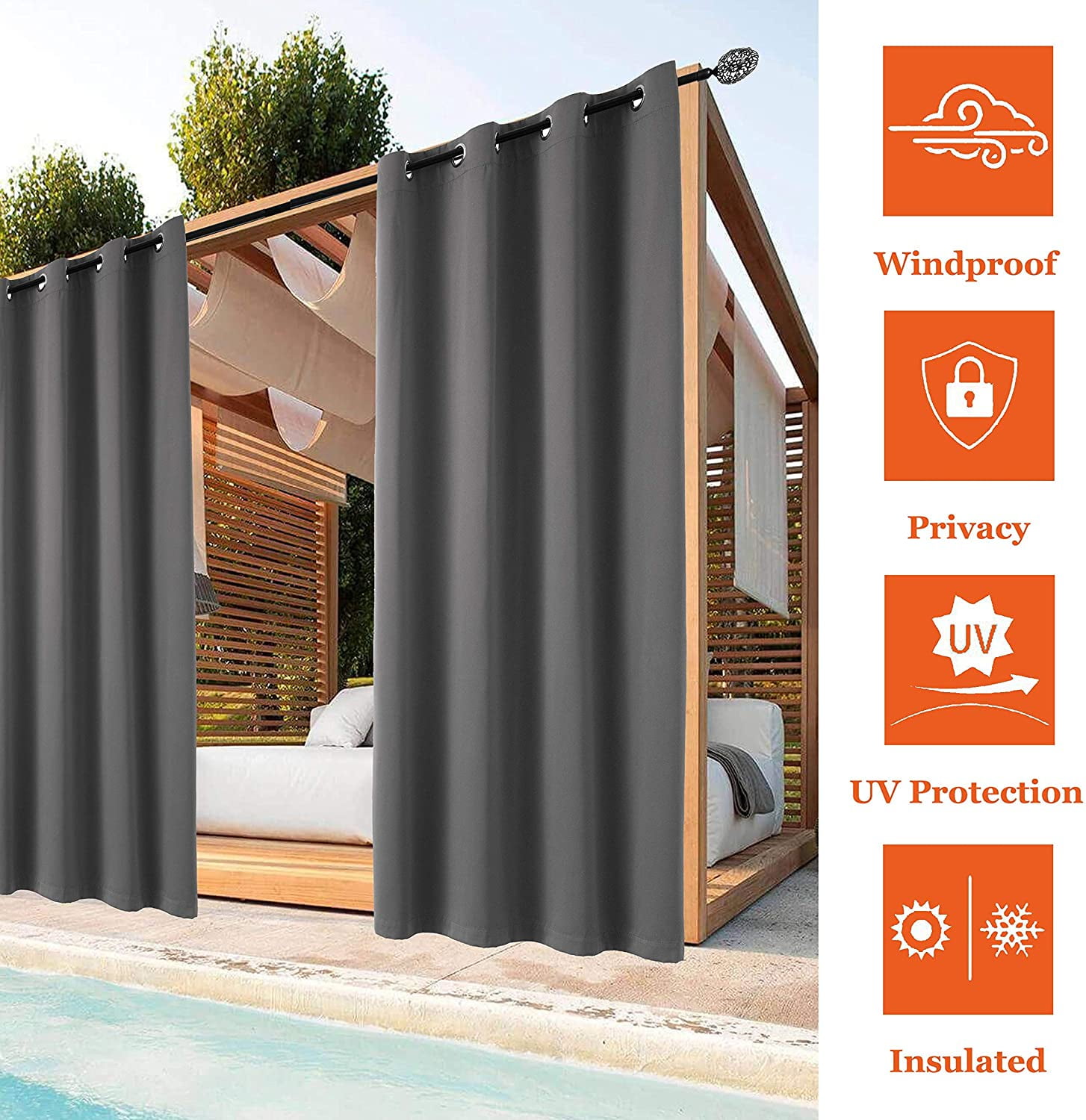 (4 Panel) Upgraded Outdoor Curtain Garden Patio Gazebo Sunscreen Blackout Curtains, Thermal Insulated Curtains with Grommet Waterproof &Windproof &UV-protection &Mildew Resistant,Dark Gray 54*108in