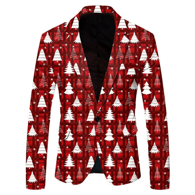 Men Christmas Snowflake Santa Suits for Big Men Printed Pocket Lapel Button Mens Wool Suit Jacket Suit