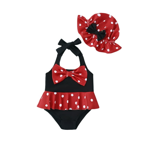 KIMI BEAR Newborn Baby Girls One-piece Swimsuits 0-3 Months Summer Bathing Suits Off the Shoulder Sleeveless Halter Bow Dots Beach Wear Holiday Rash Guard with Headband 2pcs Red