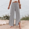 thumbnail image 6 of Domzle Womens Linen Pants Summer 2026 Wide Leg Pants Smocked Waist Ruffle Palazzo Pant Boho Flowy Beach Pant with Pockets Light Gray 3XL Sweatpants, 6 of 7