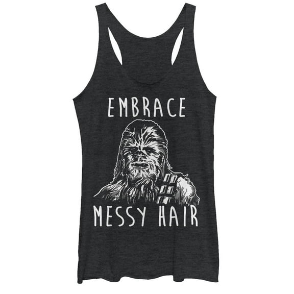 Women's Star Wars Chewbacca Embrace Messy Hair  Racerback Tank Top Black Heather X Large