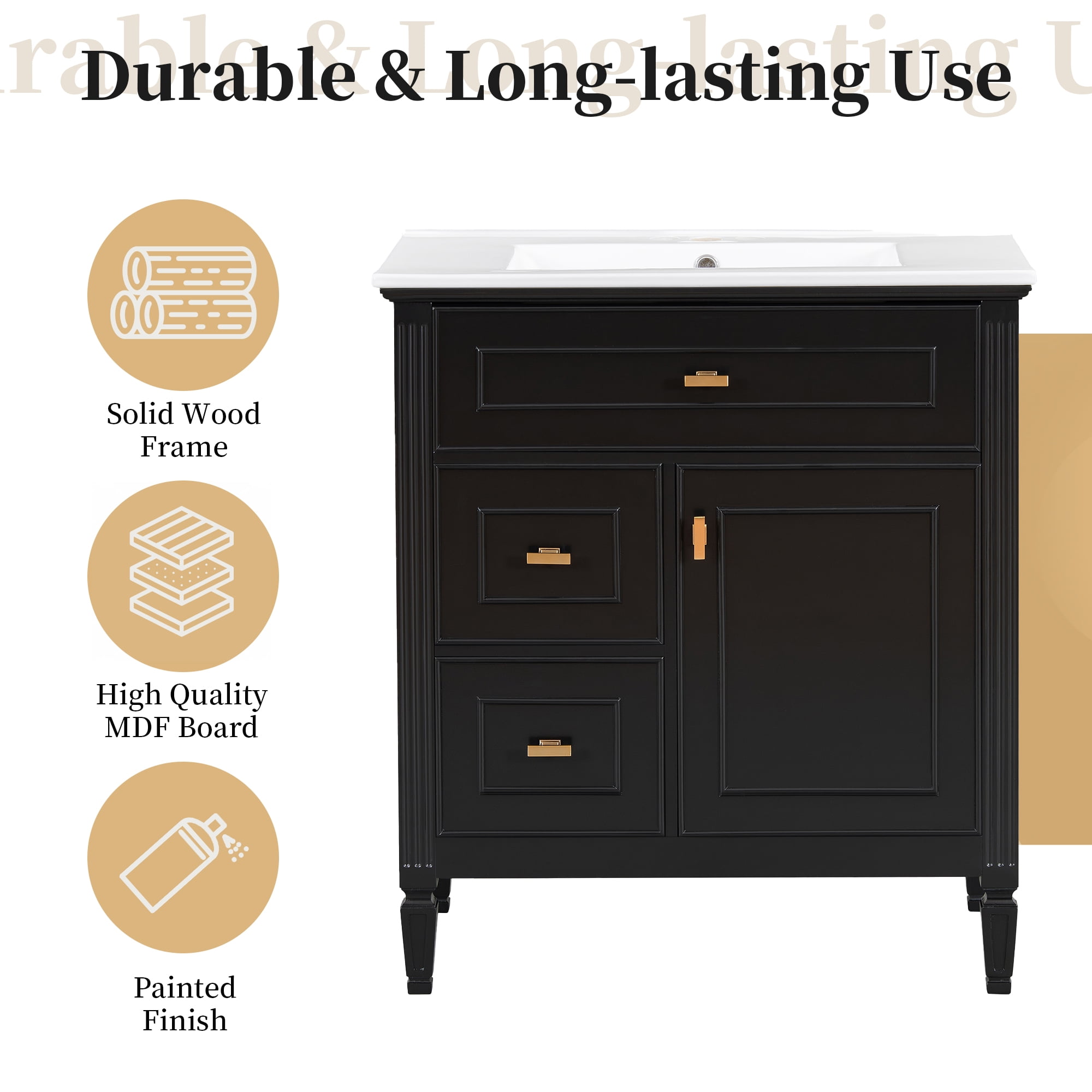 Aukfa 30" Bathroom Vanity with Sink,Modern Bathroom Sink Cabinet for Small Spaces,Ceramic Top & Flip Drawer,Black