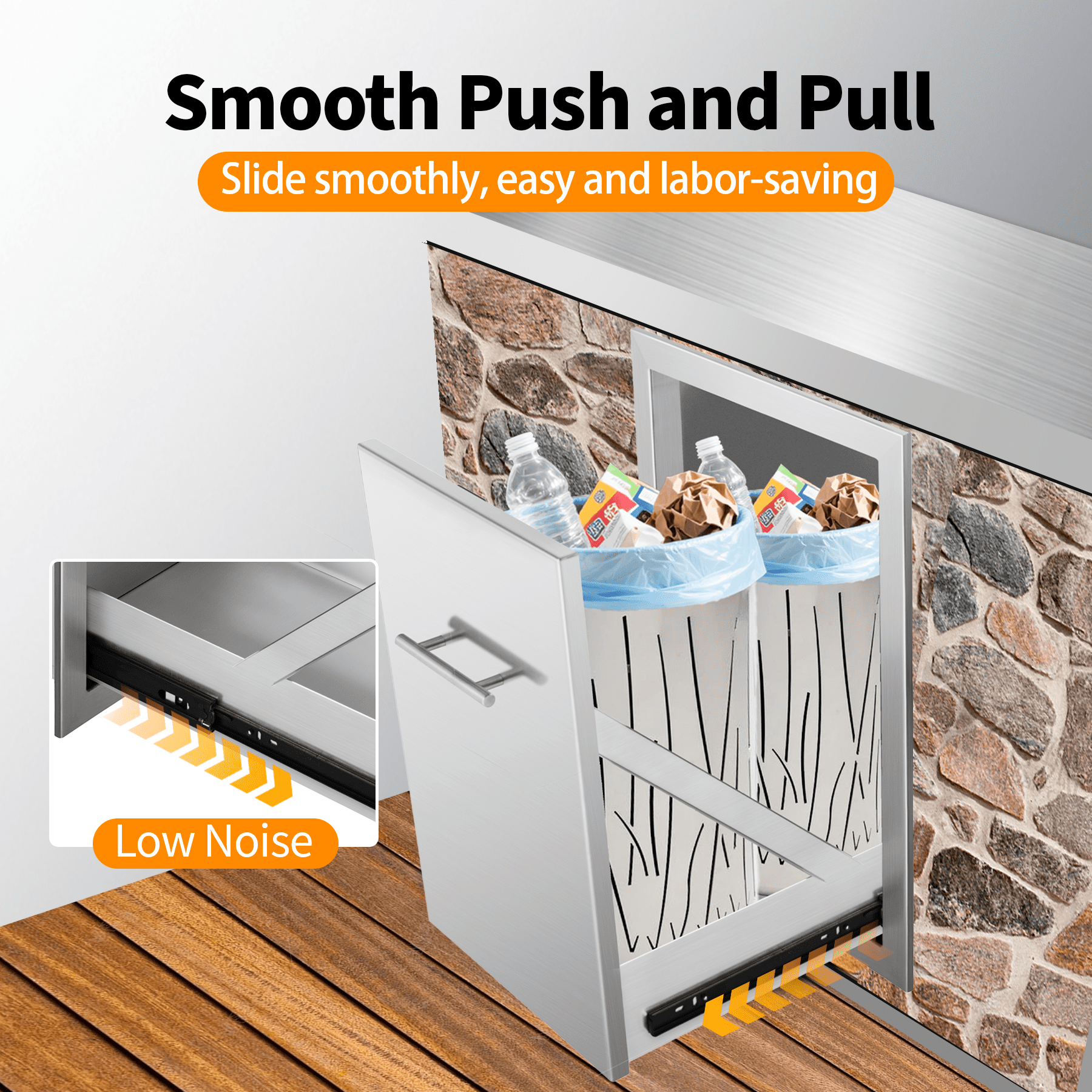 Pull-Out Trash Can Drawer, Stainless Steel Flush Mount Trash Cabinet 14"W x 25.7"H x 19.4"D for Outdoor Kitchens & BBQ Islands