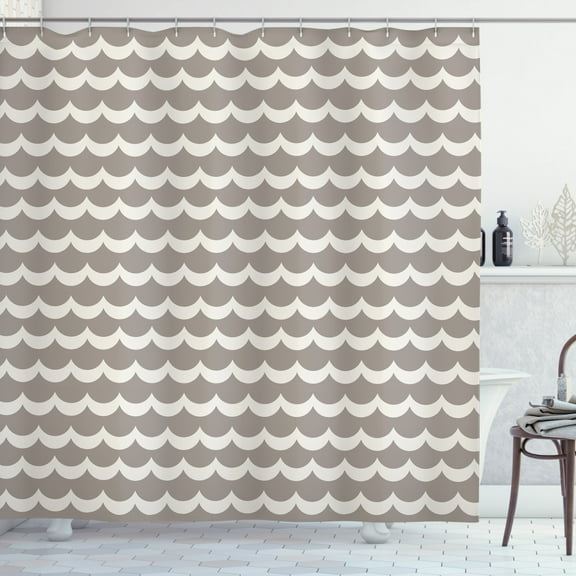 Geometric Shower Curtain, Fish Scale Inspired Monochrome Wavy Rows in Repetition Abstract Pattern, Fabric Bathroom Set with Hooks, 69W X 70L Inches, Taupe and Eggshell, by Ambesonne