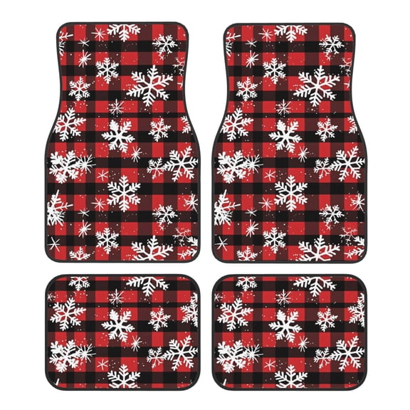 Crystal Fleece Car Floor Mats Set Of Four - Bottom Injection Molded For Easy Installation To Prevent Interior Contamination Suitable For Most Cars Snowflakes On The Red And Black Checkered Pattern