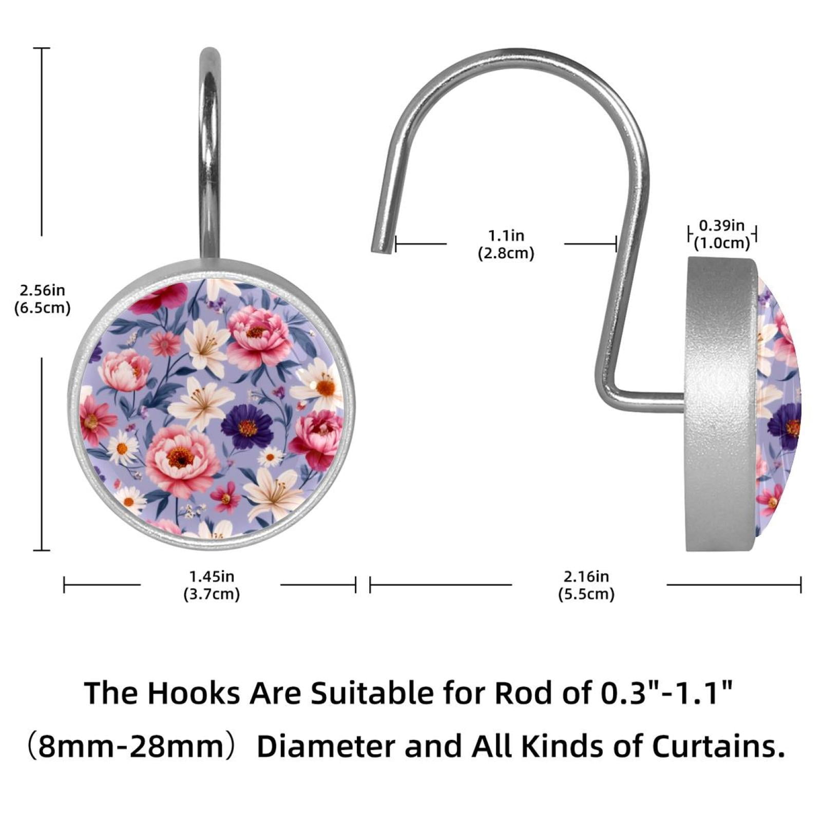 12pcs Decorative Shower Curtain Hooks, Rust Resistant Shower Rings for Bathroom Living Room,Rustproof Stainless Steel Rings for Shower Curtain and Liner Rods,Bohemia Style Flowers Purple