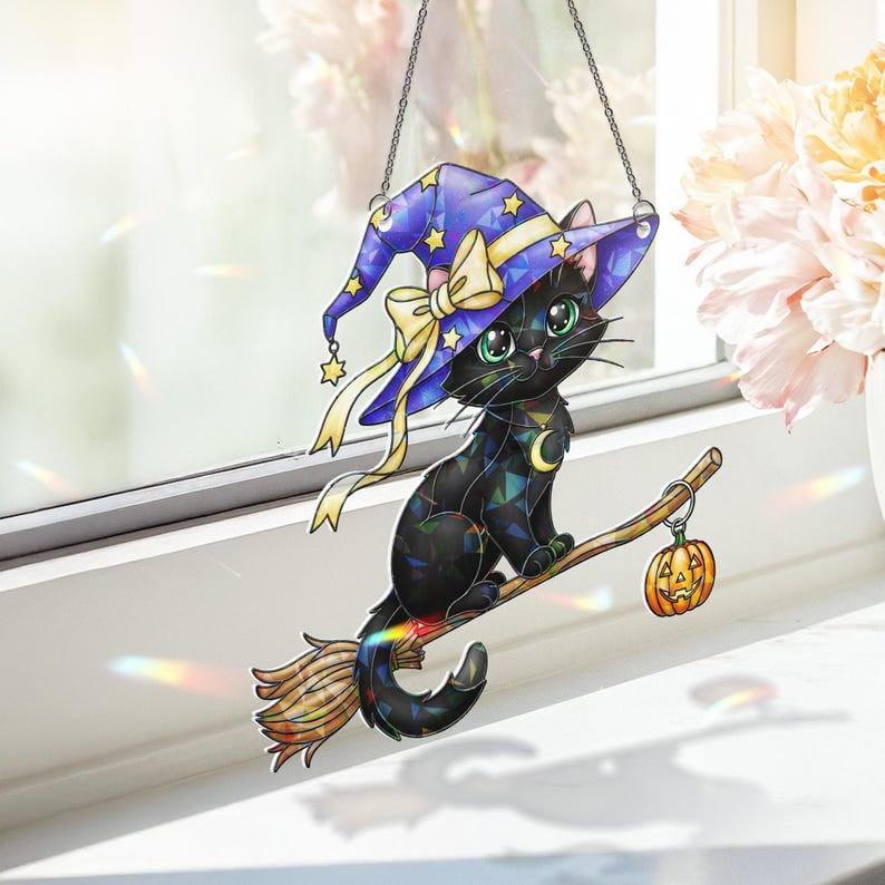 ViciArt Hologram Black Cat Suncatcher – Halloween Witch, Broom & Pumpkin Window Decor, Acrylic Hanging Ornament
