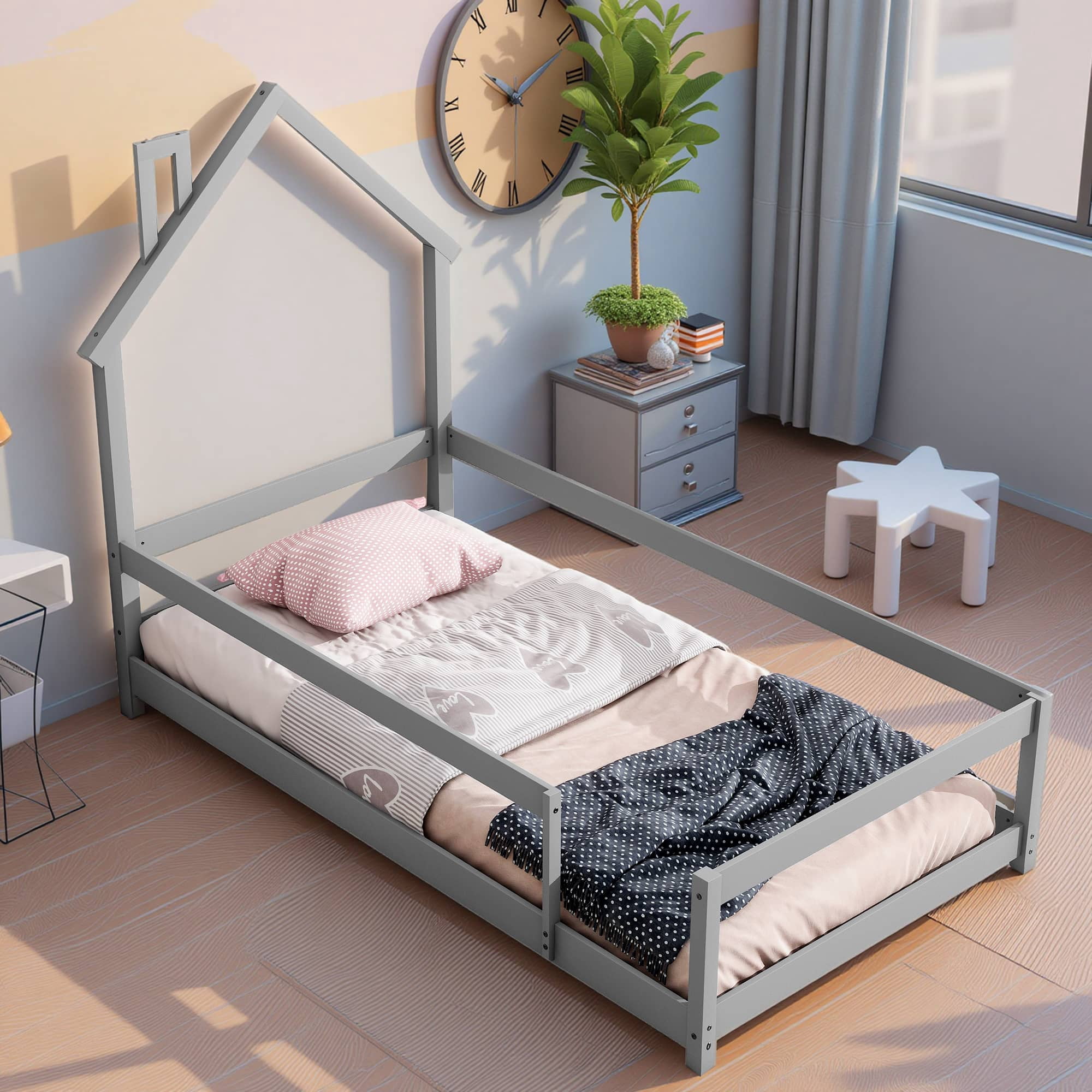 MAYEERTY Twin Size Wood Bed Frame with House-Shaped Headboard with Fences for Adult, Grey