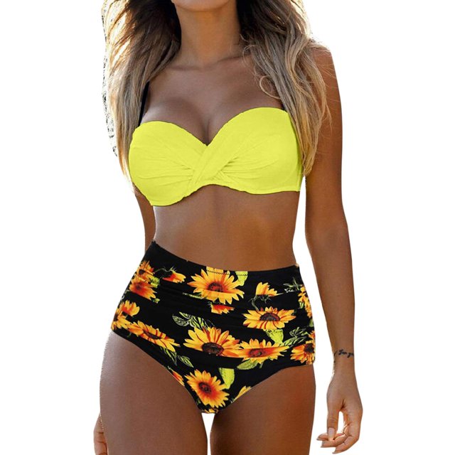 TSADFHJI Rashguard Swimsuit Women Plus Size Women Vintage Swimsuit Two Piece Retro Ruched High Waist Print Bikini Set Xxl Yellow