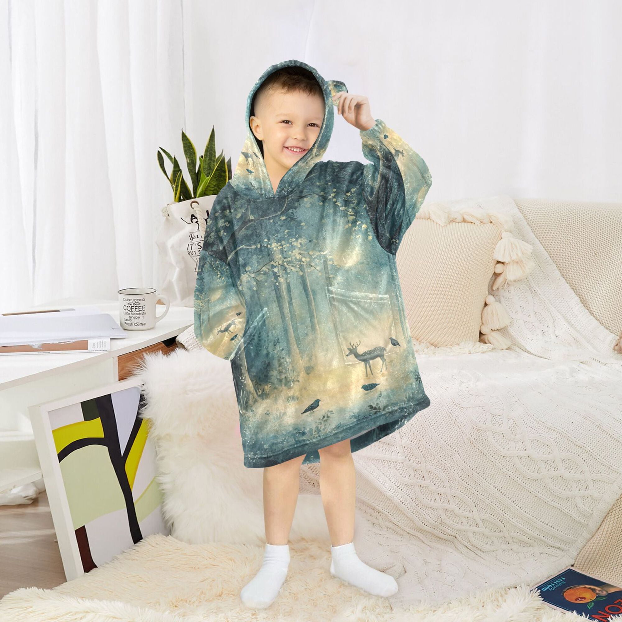 FORMRS Wearable Blanket Hoodie with Sleeves for Kids Cozy Flannel Sweatshirt, Night Forest Scene