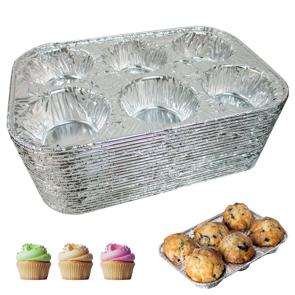 50 Pk Foil 6 Cavity Aluminum Pan Cake Mold Muffin Cupcake Disposable