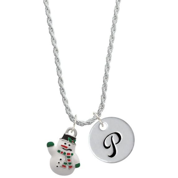Delight Jewelry Silvertone White Enamel Snowman Silvertone Script Initial Disc - P - Charm Necklace, 20"+3"