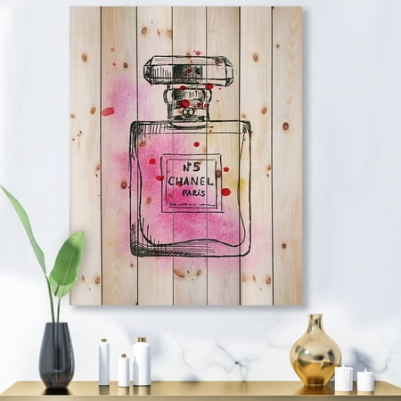 Designart 'Perfume Chanel Five Pink Strokes' French Country Print on Natural Pine Wood