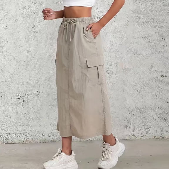 Cargo Skirt for Women Casual High Waisted Straight Maxi Skirt Comfy A-Line Long Skirt Trendy Summer Work Skirts Khaki L