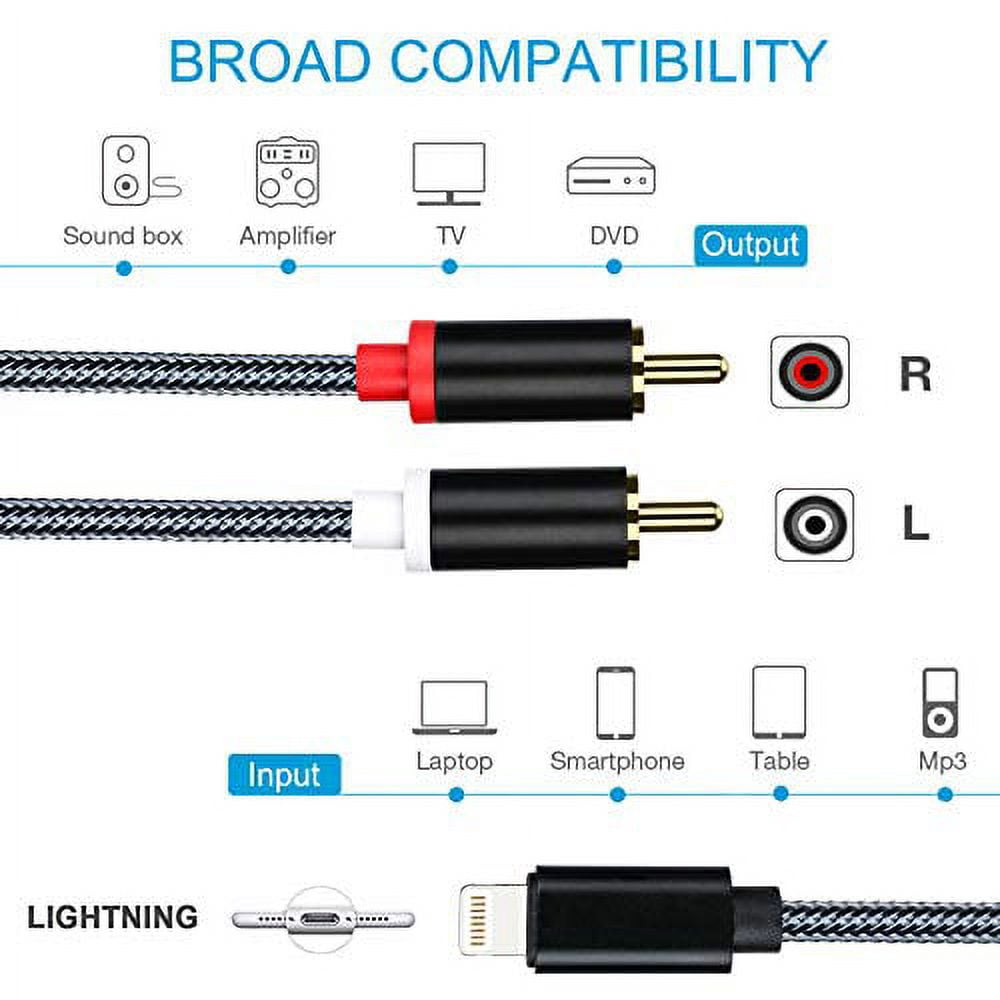 Câble USB-C/Lightning Vers 2 RCA/AUX Avec Fonction Charge – Pour IPhone, Android, TV, Enceintes – 1.2m, DAC Intégré - 2