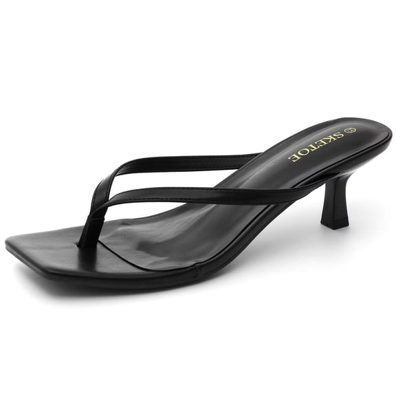 Kitten Heels for Women Square Toe Sandals Flip Flop Heels Thong Sandals 2 Inch Heels Sandals Black