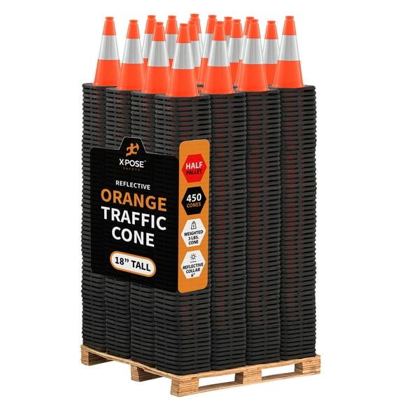Xpose Safety 18 Inch Orange Traffic Cones with 6" Collar - Multipurpose PVC Plastic Safety Cone for Parking, Soccer, Caution, Kids and Construction 450 Pack