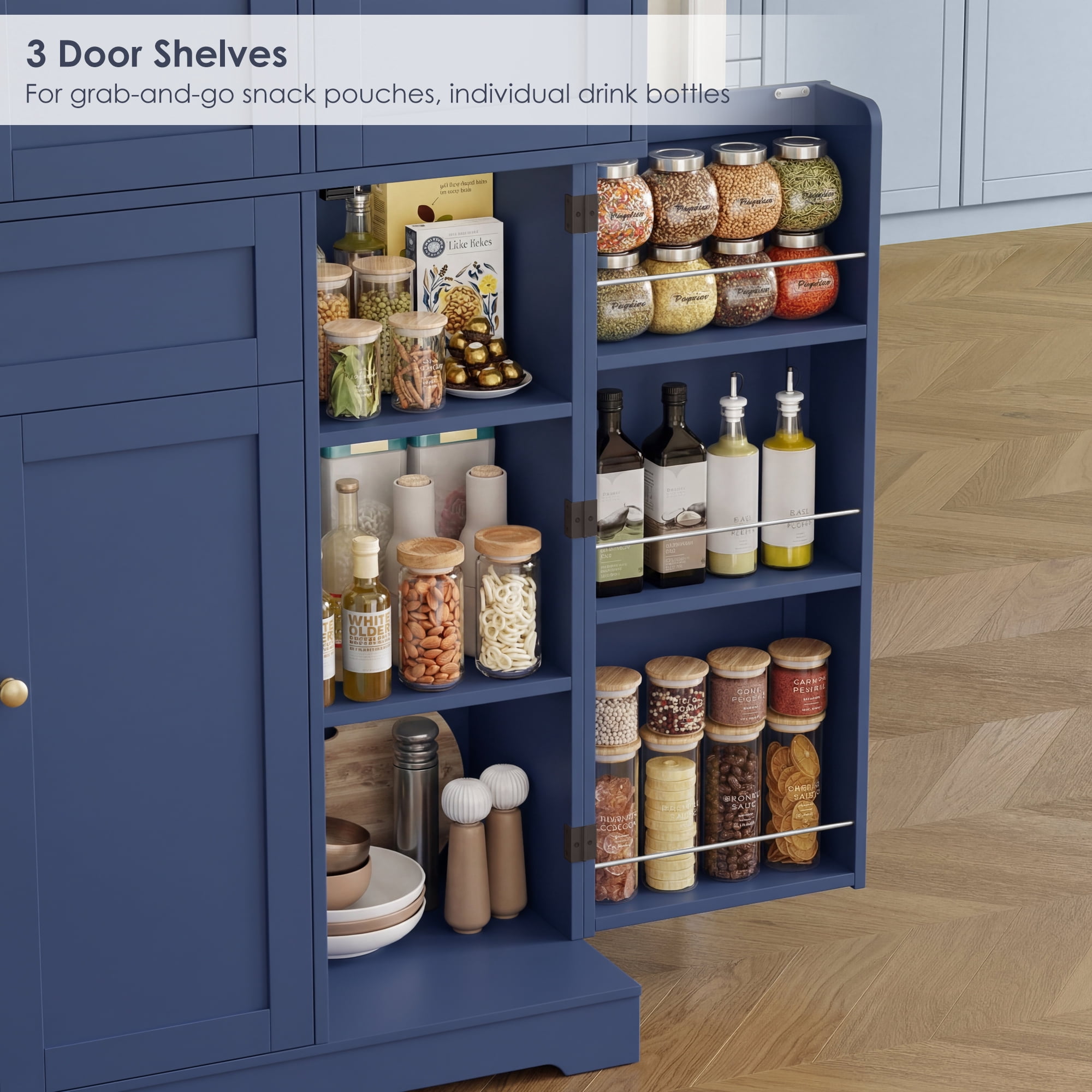 Homfa Kitchen Pantry Storage Cabinet, 68" Food Pantry Cabinet with Drawer and Door Shelf, 6 Door Freestanding Cupboard Buffet for Dining Room, Blue