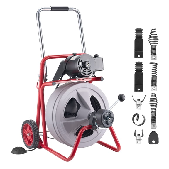 VEVOR Drain Cleaner Machine 75FT x 3/8 Inch, Auto Feed Sewer Snake Drain Auger on Wheels, Portable Drain Cleaning Machine with 8 Cutters & Air-activated Foot Switch for 2" to 4" Pipes