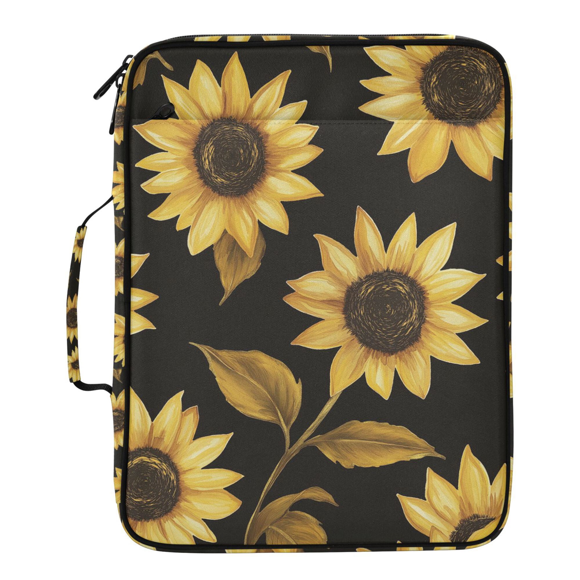 FORMRS Accordion File Folder A4 Size 7-Pocket Expanding Document Organizer Bag with 3 Ring Binder, Black Sunflower Pattern